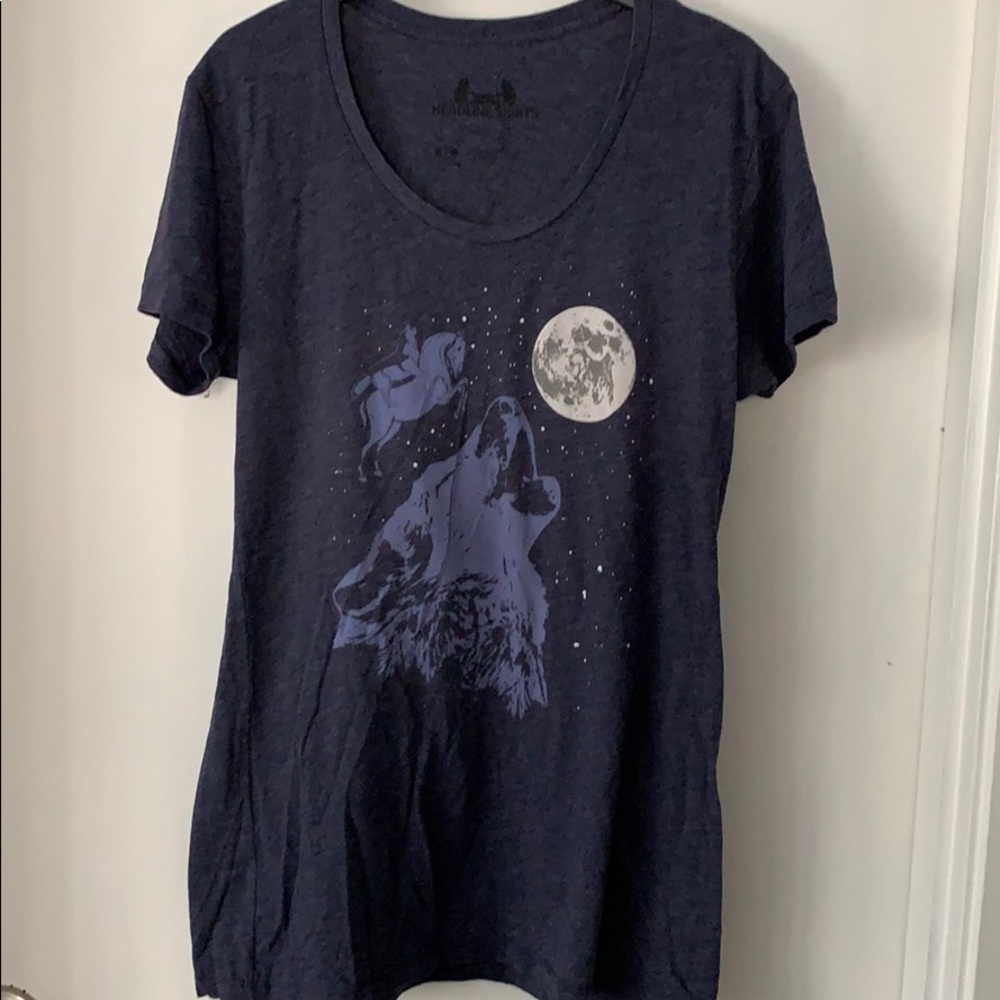 Ironic wolf howling at moon riding horse blue tee